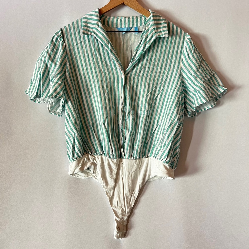 Draper James RSVP‎ Striped Short Sleeve Button Down Bodysuit Size Large Coastal